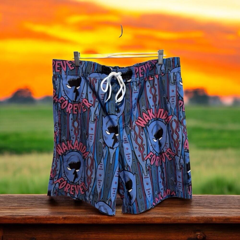 Marvel‎ Wakanda Forever Swim Trunks Mens Lined Blue Pink Bathing Suit Mens NWOT